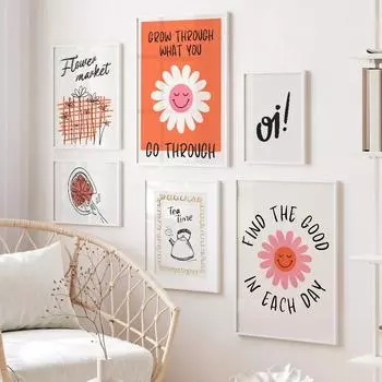 Пицца Паста Клубничный Джем Маргаритка Чайник Цветы Линия Абстрактные Принты Настенное Искусство Холст ПостерыКартины Кухня Гостиная Декор 21x30cm No Framed