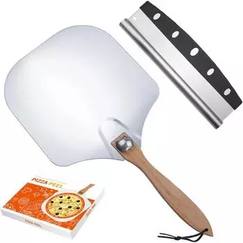 Pizza Shovel and Pizza Cutter Metal Non-Stick Pizza Peel with Wood Handle Cake Lifter Transfer Tray for Homemade Baking Bread