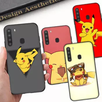 PK14 Милый Пикачу Черный мягкий чехол для iPhone 16 15 Plus 14 13 Pro 8 SE XR XS Max P30 Nova 5T Y5P Y6 Y7 Y8P Y9 Realme C30 C33 C31 VIVO Y36 V27 Huawei Y6 2018 арлекин