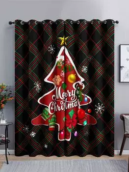 Plaid Black and Red Santa Claus Merry Christmas Tree Shading Darkening Curtain for Living Room Bedroom Kitchen Home Hook Decor 100W130H(CM)40x51in&Rod Pocket