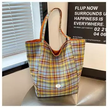 Plaid canvas bag women s large-capacity new summer versatile lazy style shoulder bag student tote bag жёлтый