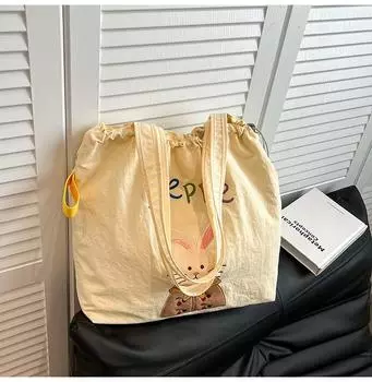 Plaid canvas bag women s large-capacity new summer versatile shoulder drawstring bag college student tote bag бежевый