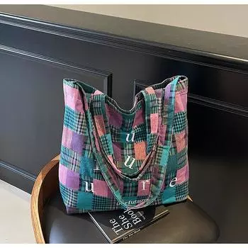 Plaid canvas bag women s new summer lazy wind crossbody shoulder bag large capacity commuter tote bag синий