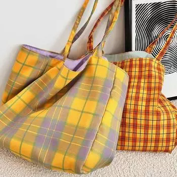 Plaid double-sided dual-purpose shoulder bag women s fashion simple large-capacity work canvas bag