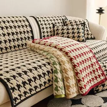 Plaid Jacquard Sofa Cushion Winter Plush Living Room Sofa Cover Thickened Padded Warm Non-Slip Backrest Cover Armrest Towels 70x70cm 1pcs