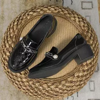 Клетчатые лакированные кожаные туфли-оксфорды женские металлические цепи жемчужные пряжки броги плетеный узор толстый каблук дерби балетки женские мокасины 4.5 чёрный