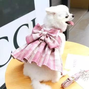 Plaid Luxury Dog Clothes Dog Dress Harness Pet Skirt Chihuahua Costume Dog Harness with Lash Pink Puppy Vest Bichon Cat Apparel XS