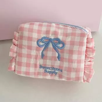 Plaid Makeup Bag Pleated Toiletry Bag Aesthetic Makeup Storage Bag Large Capacity Embroidered Bow Cosmetic Bag for Women Girls розовый