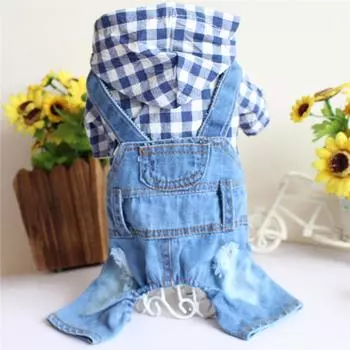 Plaid pet denim clothes small dog teddy dog clothes four-legged overalls spring, autumn and winter XS