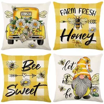 Наволочка с принтом в клетку, льняная наволочка с изображением пчелы Феи, наволочка для подушки на изголовье дивана в спальню 45*45cm JYM286-1