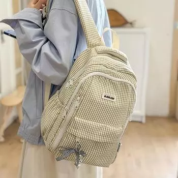 Студенческий школьный рюкзак с клетчатым принтом для женщин бежевый
