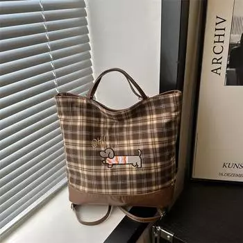 Клетчатый ретро-рюкзак для поездок на работу, женская осенняя сумка через плечо, универсальная сумка-тоут большой вместимости розовый