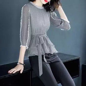 Plaid Ruffles round Neck 3/4 Sleeves French Top Small Gingham S