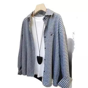 Plaid Shirt Women s Spring and Summer Retro Laid-back Style Loose Layering Versatile Long-sleeved Top M