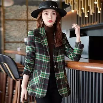 Plaid Suit Outwear Female Spring & Fall 2025 New Arrival Small Fancy Fashion Woolen Suit Tops Winter Thick Green Pair Suit L