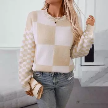Plaid Sweater Autumn and Winter Checkerboard Pullover Long Sleeve Knitted Round Neck Contrast Color Sweater for Women S