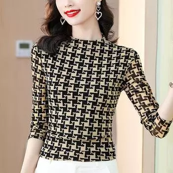 Plaid T-shirt Women s Long-sleeved Semi-turtleneck Slim-fitting Bottoming Shirt Spring and Autumn Age-reducing and Thin Top M