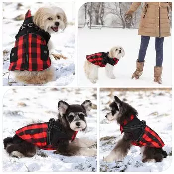 Plaid Thicken Padded Pet Dog Jacket With Harness For Cold Weather Windproof Winter Dog Jacket Coat For Small Medium Large Dog XS