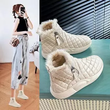 Plaid Winter Thicken Fleece Lined Snowboots Short Women Plush Warm Shoes Non-slip Wear-resistant Casual Platform Ankle Boots 35 хаки