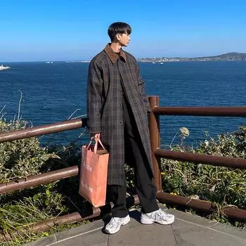 Клетчатое шерстяное пальто мужское средней и длинной длины осенне-зимний тренд корейская версия тренчкота свободное повседневное пальто M