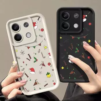 Plain Color Shockproof Shell for Xiaomi 13t 11t F6 X6 X5 Pro Redmi 13 12 11 10 Pro Cartoon Christmas Pattern Lens Protection Silicone Soft Cover Redmi Note 13 5G чёрный