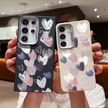 Plain Love Hearts Print TPU Matte Case For Samsung S24 FE S23 Ultra S22 A55 A16 A54 A35 A15 A14 A34 Leather Texture Soft Shockproof Slim Phone Cover Samsung S24 чёрный