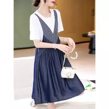 Plain Wood Fancy Fake Two-Piece Dress 2023 Summer New Patchwork Contrast Colors Slimming Elegant Elegance Midi Dress Blue S
