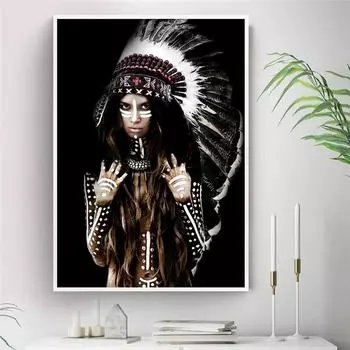 Плакат черная кожа в стиле бохо с перьями для женщин, настенная живопись на холсте, постеры и принты, настенные картины на холсте для гостиной 20x30cm
