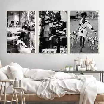 Плакат Черно-белый городской пейзаж Женщина Плакат Современная мода Печать на холсте для декора комнаты для девочек Без рамки 21*30cm No Frame