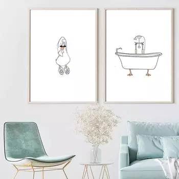 Плакат для ванной комнаты, милая модная утка в тапочках со смайликом и душ, холст, картина, художественный принт, скандинавская настенная картина для домашнего декора 21x30cm No Framed белый