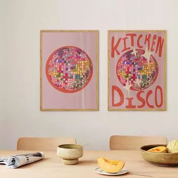 Плакат и печать на кухонном диско-шаре с красочной радугой. Эта кухня для танцев. Цитата. Картина на холсте. Розовая настенная живопись. Домашний декор. 21x30cm No Framed