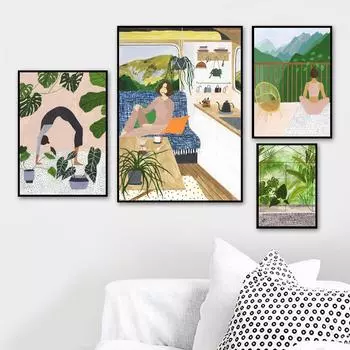 Плакат на холсте с изображением скандинавского растения «Девушка в саду», принты с абстрактными пальмами и листьями для декора спальни и гостиной без рамки 21*30cm No Frame