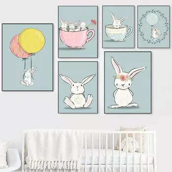 Плакат на скандинавскую тему, чашка с кроликом, летающий воздушный шар, детская комната для мальчиков и девочек, настенная живопись, холст, картина, настенные панно, декор для детской комнаты 21x30cm No Framed