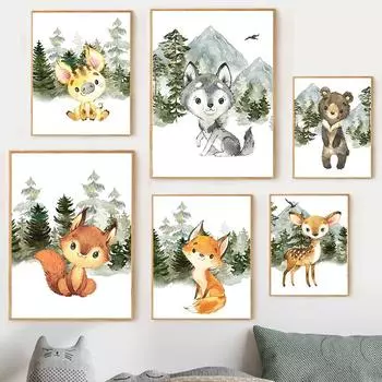 Плакат на скандинавскую тему, маленькие лесные животные, лиса, медведь, олень, белка, волк, свинья, настенная художественная печать, холст, картина, декор для детской комнаты 21x30cm No Framed