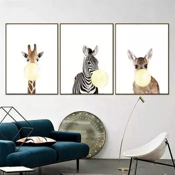 Плакат на скандинавскую тему, милые животные, настенный принт, зебра, жираф, кролик, холст, картина, мультяшные пузыри, воздушный шар, холст, декор для детской комнаты 21cm30cm NoFrame