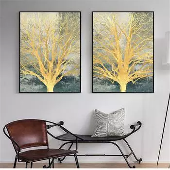 Плакат на скандинавскую тему, постер с золотым деревом, настенные панно для украшения гостиной, ветка дерева, картина, скандинавский декор, Cuadros 21cm30cm NoFrame