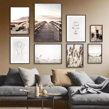 Плакат на скандинавскую тему, природный пейзаж, картина, абстрактная женская линия, настенная живопись, печать на холсте, песчаный пляж, картина с травой, современный домашний декор A4 21x30cm No Frame