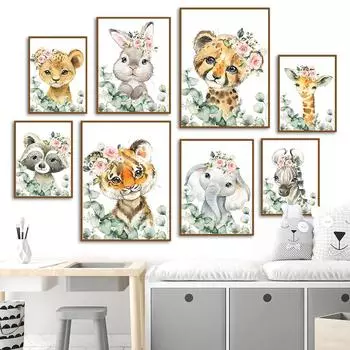 Плакат на скандинавскую тему Тигр Лев Леопард Кролик Жираф Зебра Слон Милый настенный художественный принт Холст Картина Настенные панно Декор детской комнаты 21x30cm No Framed
