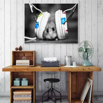 Плакат на скандинавскую тему, забавное животное, мышь с наушниками, современное искусство, холст, печатная картина, настенная картина, холст для декора гостиной 21cm30cm NoFrame