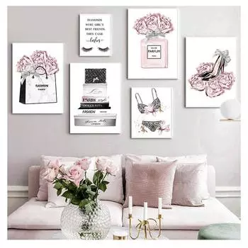 Плакат, нижнее белье, каблуки, холст с принтом, розовый цветок, модная картина, украшение для комнаты, модная настенная живопись, духи 21cm30cm NoFrame