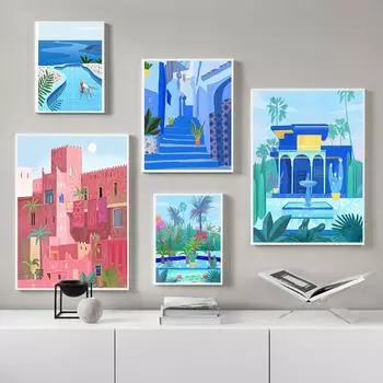 Плакат о путешествии в Марокко с изображением бассейна, художественная печать, скандинавская картина на холсте в стиле Марракеш, современная летняя настенная картина для декора дома 21x30cm No Framed
