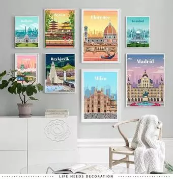 Плакат о путешествиях по городам мира, Япония Токио Плакат Осака, Испания Мадрид Акварельный принт, Флоренция Милан Сантьяго Чикаго Декор стен без рамки 21*30cm