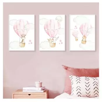 Плакат розовый воздушный шар с изображением животных, дорожный принт, живопись, скандинавский детский декор для детской спальни, картина для детской комнаты для девочек, настенное искусство на холсте 21cm30cm NoFrame