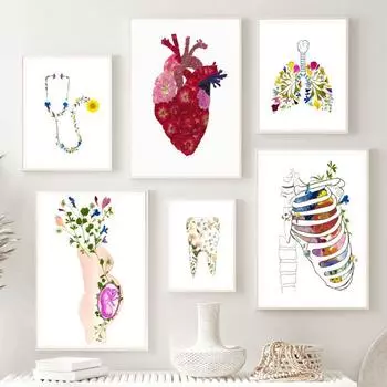 Плакат с анатомией человека, грудное вскармливание, легкие, стетоскоп, тисненная настенная живопись на холсте, абстрактная анатомия, украшение для медицинской комнаты 21x30cm No Frame