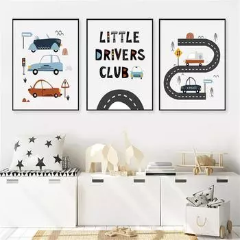 Плакат с буквенным образованием для детского сада и принтами, мультяшная машина, дорога, настенная живопись, холст, картина, настенная картина для детского сада 21cm30cm NoFrame