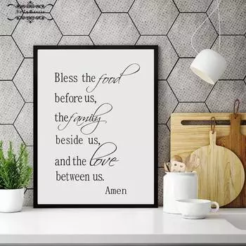 Плакат с цитатой из религии и принтом «Благослови еду», «Семья, любовь», холст, картина «Молись перед едой», настенные художественные картины для домашнего декора 21*30cm