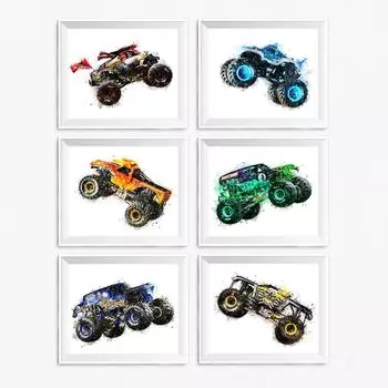 Плакат с грузовиками-монстрами и принтом могильщик Мегалодон детская холст картина акварель настенное искусство гостиная домашний декор 21cm30cm NoFrame