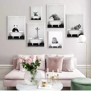 Плакат с изображением детского животного в ванне Панда Жираф Слон Лев Свинья Корова Холст Картина Детская настенная живопись Скандинавская картина Декор детской комнаты Без рамки 21*30cm