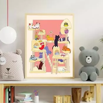 Плакат с изображением кошки и дерева, японская игра в стиле аниме, настенная живопись на холсте, Детский Декор в спальню, фотографии, украшение для дома 21X30cm No Frame