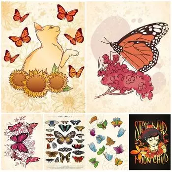 Плакат с изображением кота и бабочки, постер с цветком Keep Wild, настенный художественный холст, картина, эстамп, настенный рисунок для гостиной 21cm30cm NoFrame